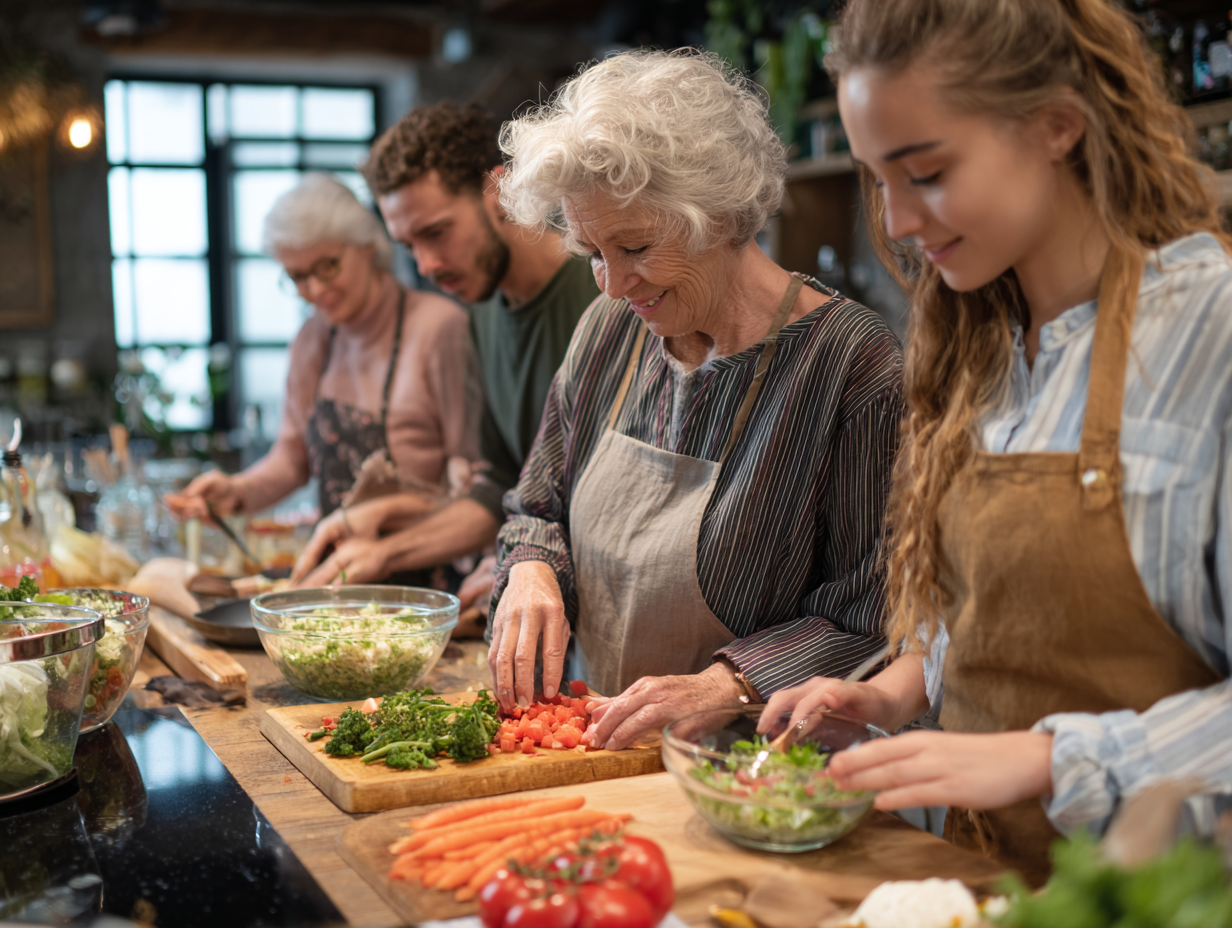 Люди різного віку насолоджуються здоровою їжею